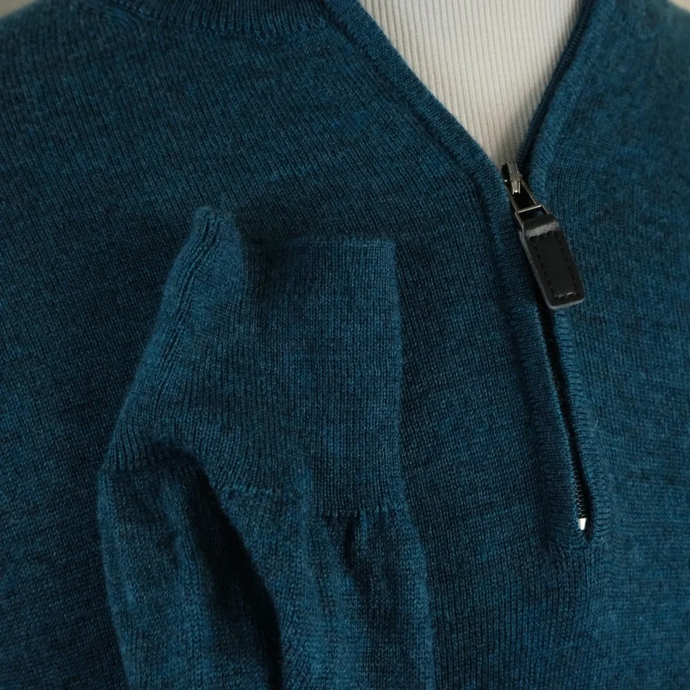 Jos. A. Bank Medium Traveler Quarter Zip Sweater Blue Green Merino Wool Mens